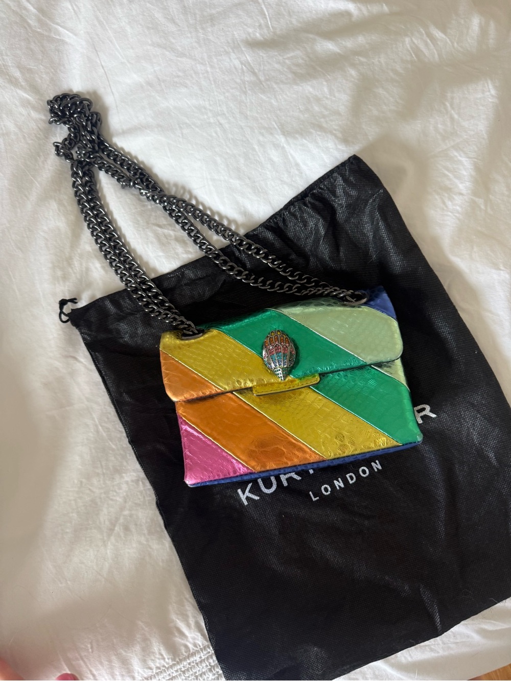 Kurt Geiger Multi-Color Diagonal Stripe Shoulder Bag with Chain Strapping
